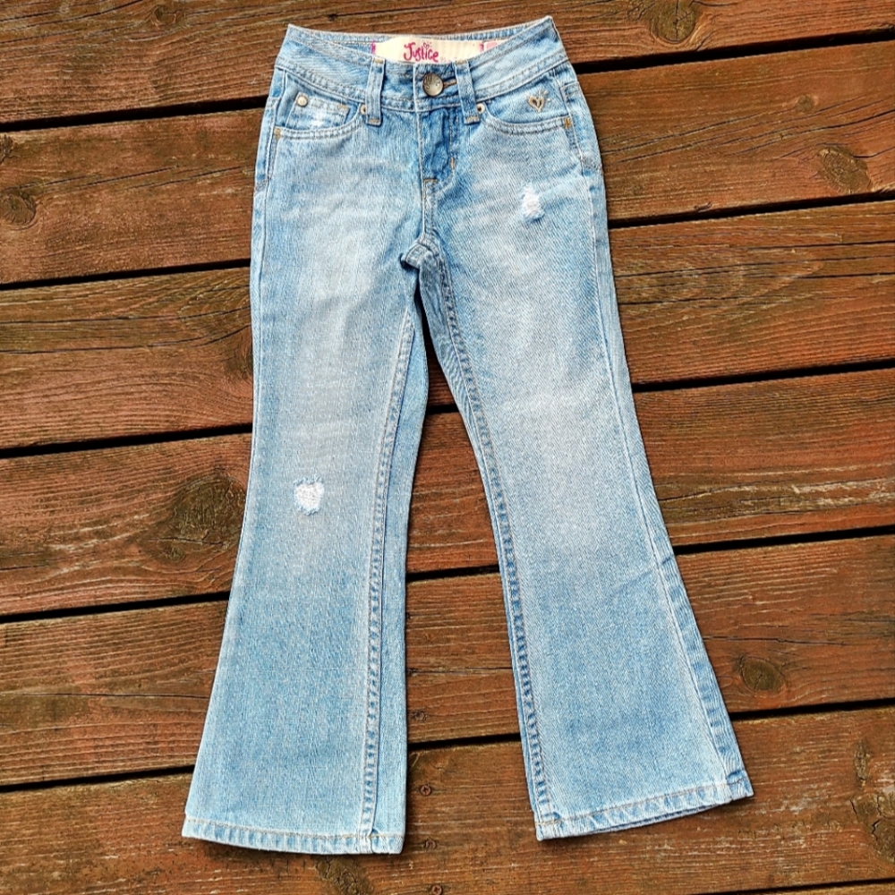 Justice Flare Leg Destructed Denim Blue Jeans Girl Size 6 Slim